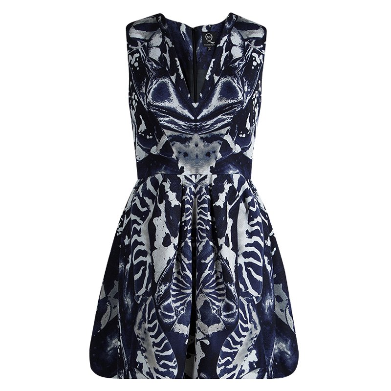 Pre Owned McQ By Alexander McQueen Navy Blue Printed Sleeveless Skater Dress S
