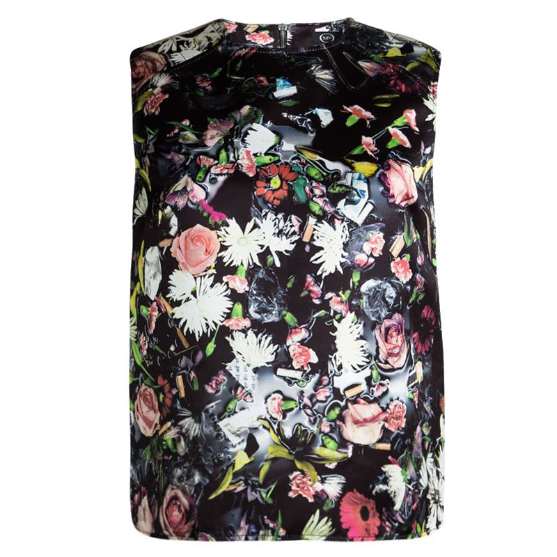 Pre Owned McQ By Alexander McQueen Black Floral Printed Sleeveless Top M
