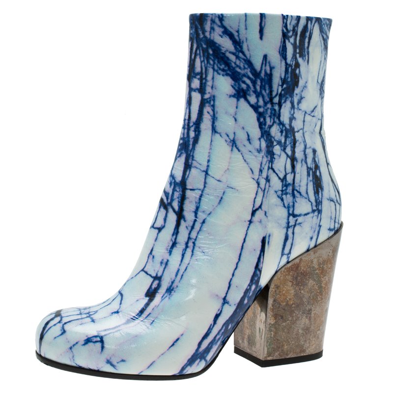 Pre Owned McQ by Alexander McQueen Blue and White Printed Leather Geffrye Boots Size 39