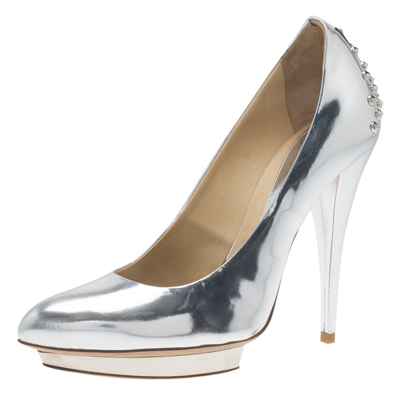 McQ by Alexander McQueen Silver Patent Studded Metallic Pointed Toe Pumps Size 38