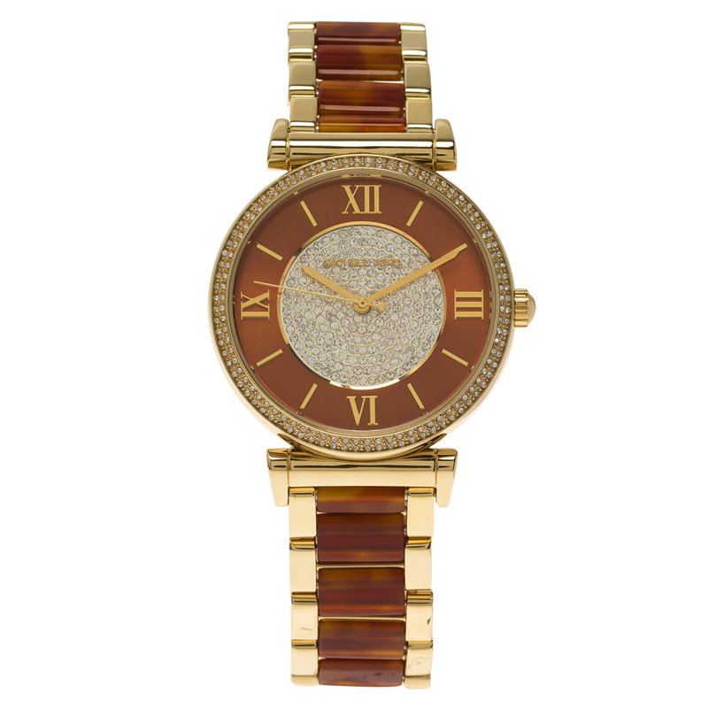 مملوكة مسبقًا Michael Kors Brown Gold-Plated Stainless Steel Crystal MK3411 Women's Wristwatch 38MM