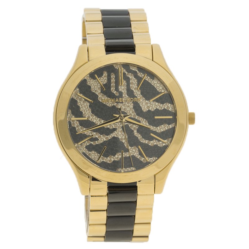 Pre Owned Michael Kors Zebra Pattern Stainless Steel Slim Runway MK3315 Women's Wristwatch 41MM
