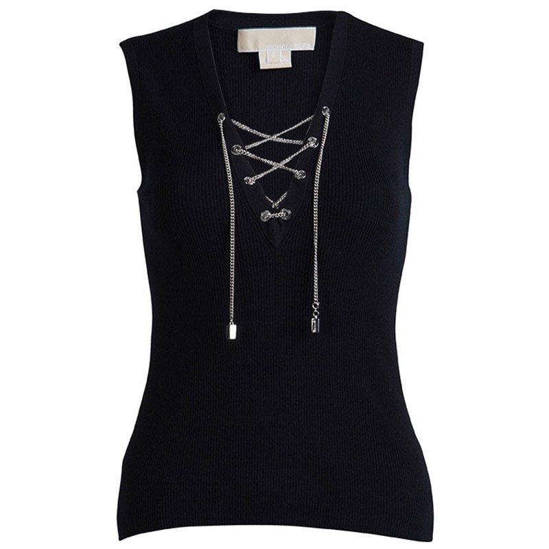 Michael Kors Black Rib Knit Chain Detail Sleeveless Top S