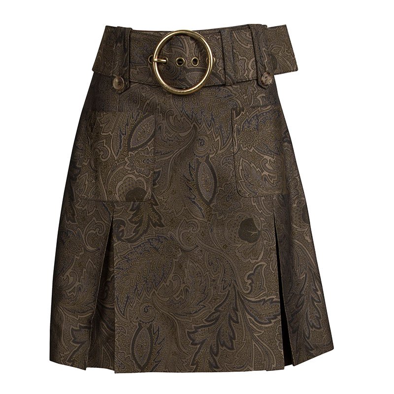 Michael Kors Gold Brocade Box Pleat Detail Belted Skirt M                                                                  