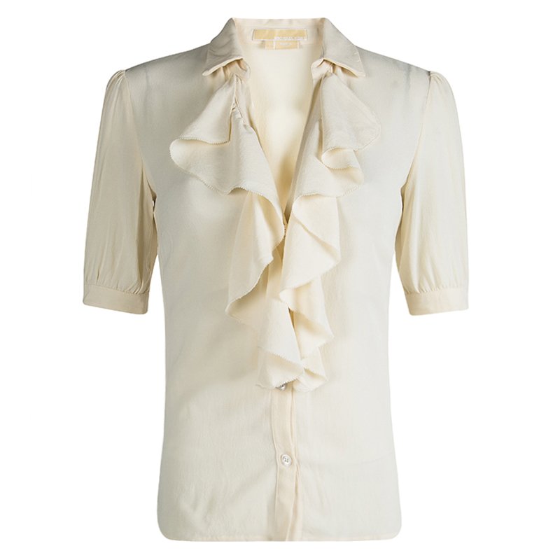 Michael Kors Cream Silk Ruffle Front Detail Blouse S