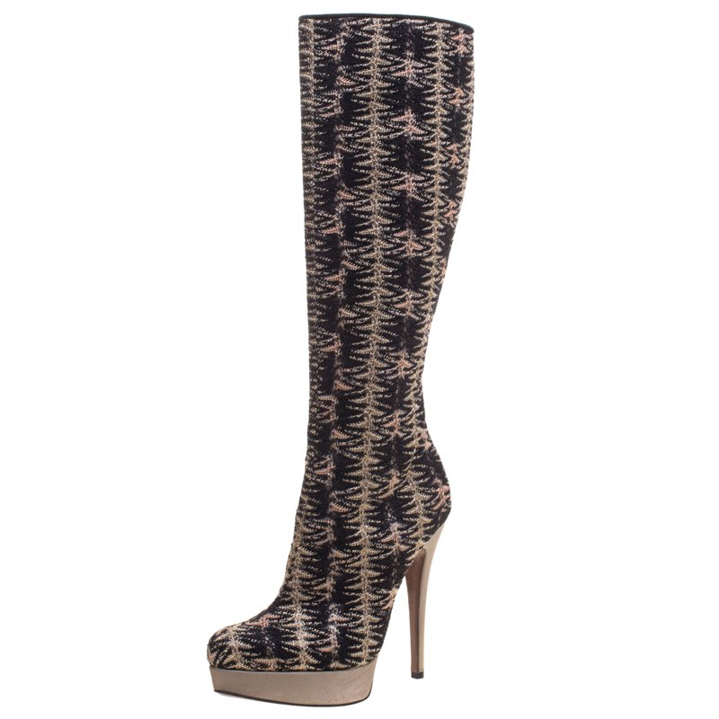 Missoni Black and Gold Patterned Knit Fabric  Knee High Boots Size 39