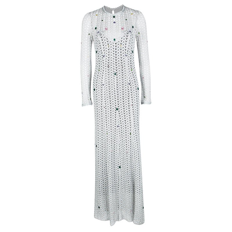 Pre Owned Missoni Metallic Lurex Perforated Knit Embellished Maxi Dress S