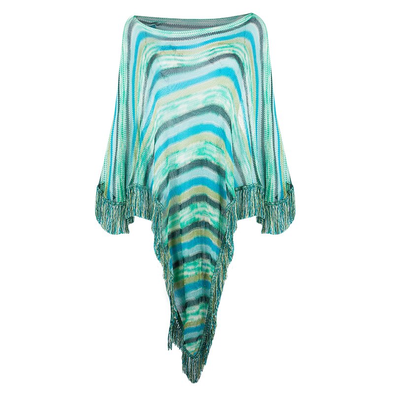 Pre Owned Missoni Blue Striped Knit Fringed Poncho OS