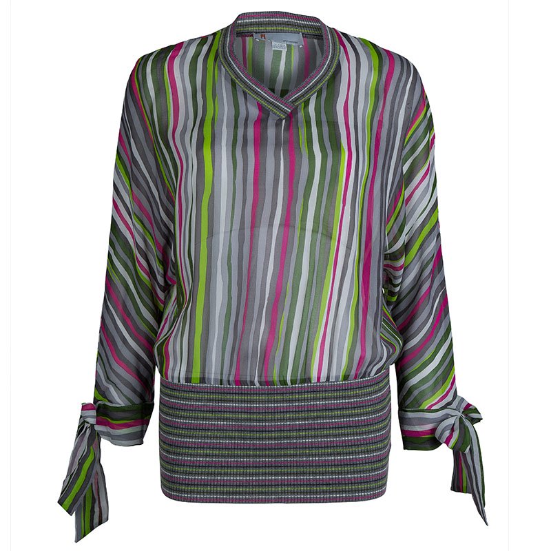 Pre Owned Missoni Multicolor Striped Silk Fitted Waist Dolman Sleeve Blouse M