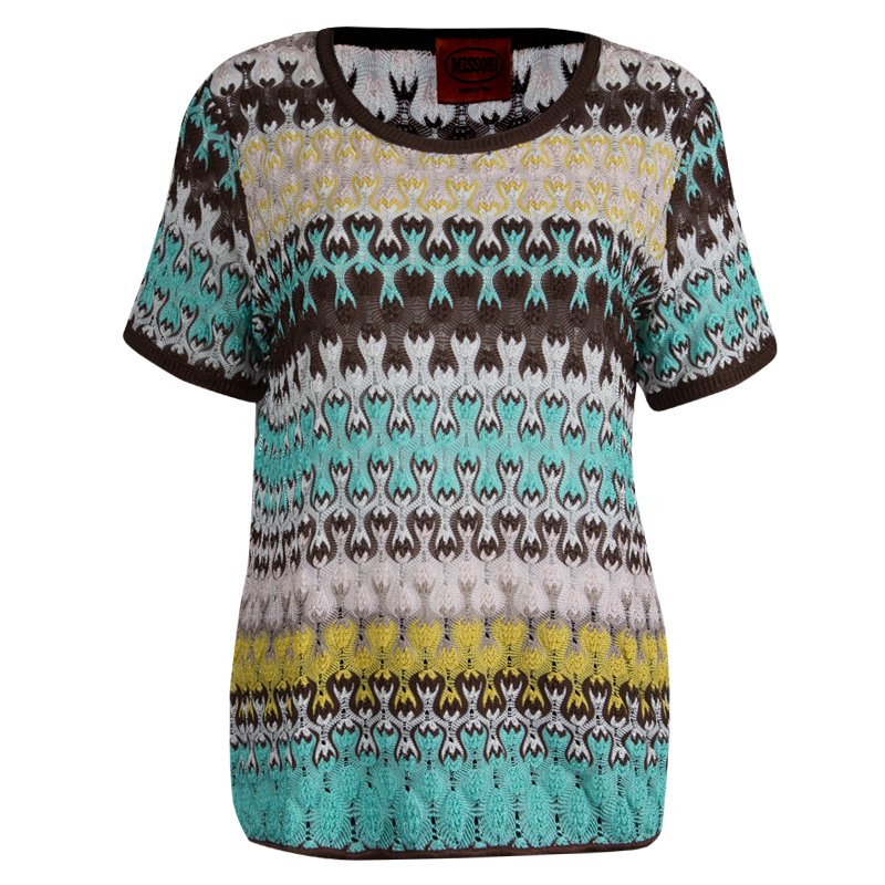 Missoni Multicolor Perforated Knit Short Sleeve Top L