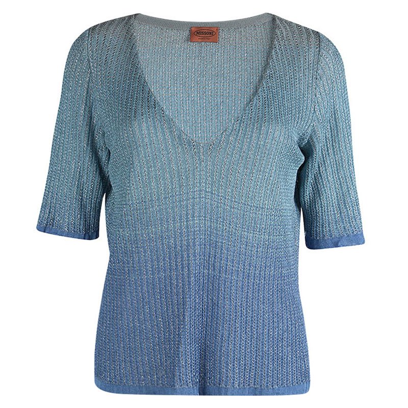 Pre Owned Missoni Blue Ombre Perforated Lurex Knit V-Neck Top M