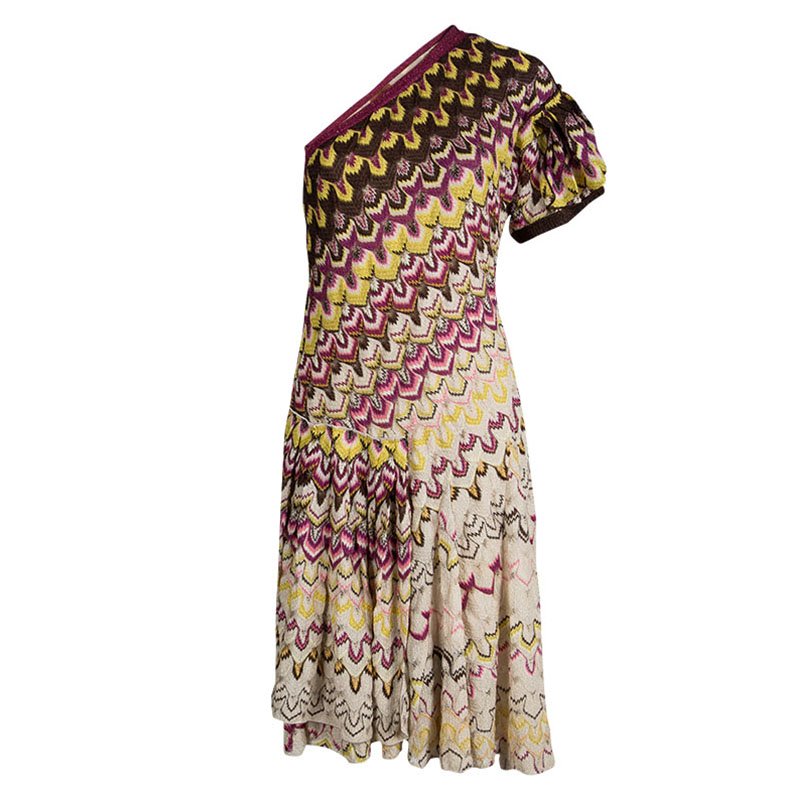 Pre Owned Missoni Multicolor Knit Ruffle Detail One Shoulder Dress S