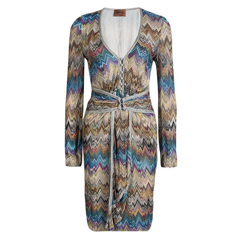 Pre Owned Missoni Multicolor Knit Chevron Pattern Tie Detail Dress M