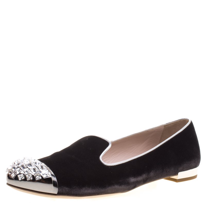 Pre Owned Miu Miu Slate Grey Velvet Crystal Embellished Cap Toe Smoking Slippers Size 41