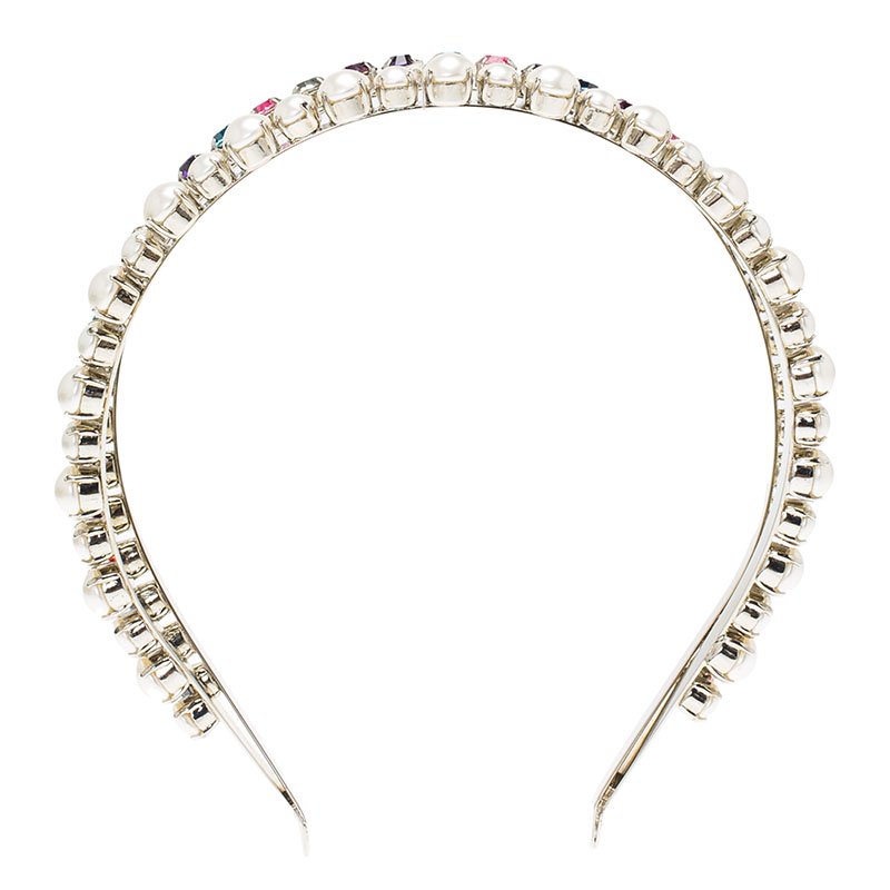 Miu Miu Faux Pearl and Multicolor Crystals Palladium Finish Metal Headband