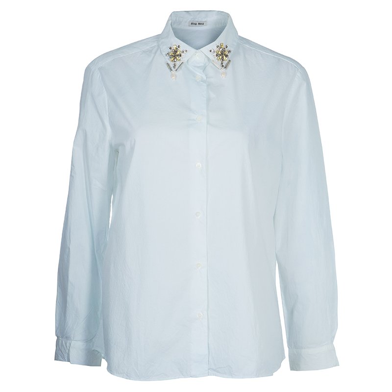 Miu Miu White Embellished Collar Long Sleeve Buttondown Cotton Shirt L