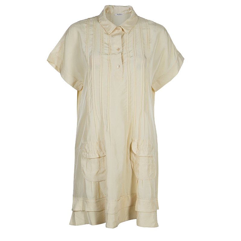 Miu Miu Beige Silk Pintuck Detail Shirt Dress M