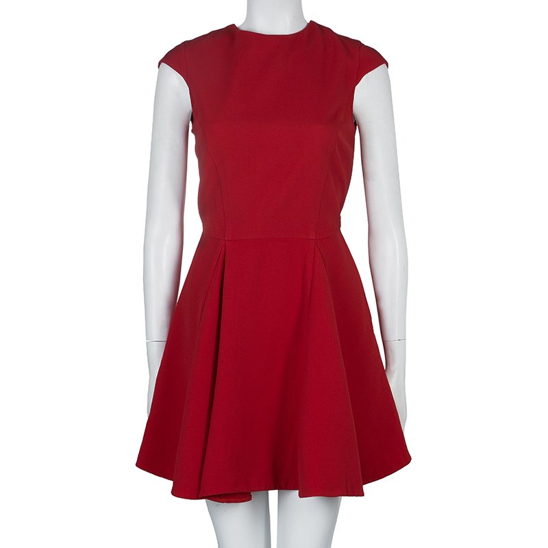 Pre Owned Miu Miu Red Backless Tie Detail Cap Sleeve Godet Dress S
