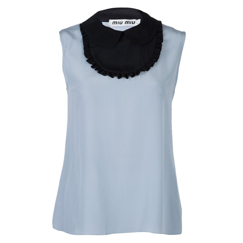 Miu Miu Grey Contrast Bib Detail Sleeveless Blouse  M