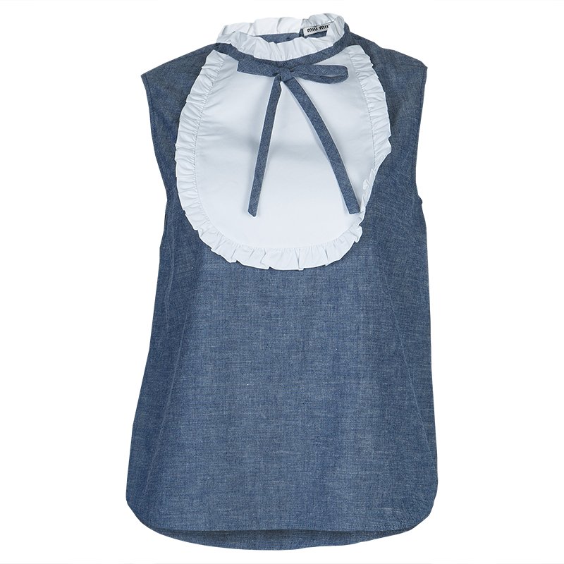 Pre Owned Miu Miu Blue Cotton Chambray Contrast Bib Sleeveless Top M