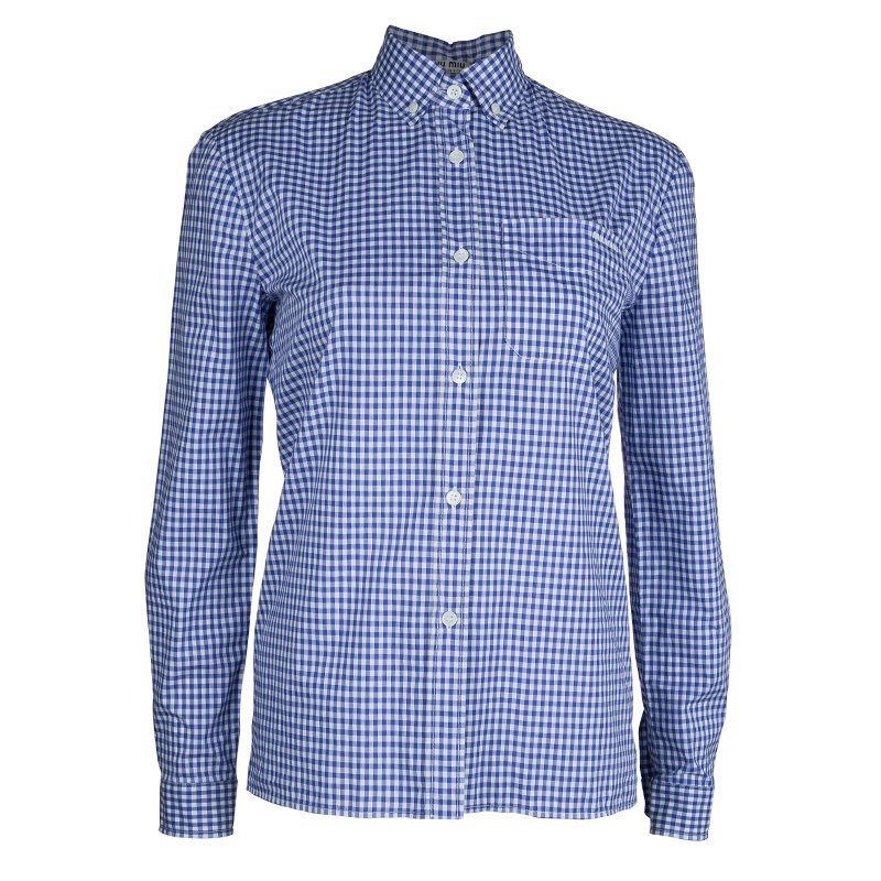 مملوكة مسبقًا Miu Miu Blue Gingham Checked Long Sleeve Buttondown Cotton Shirt S