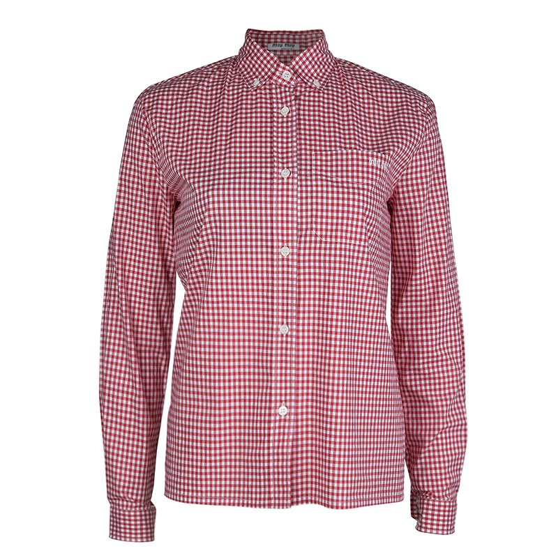 Miu Miu Red Gingham Checked Long Sleeve Buttondown Cotton Shirt S