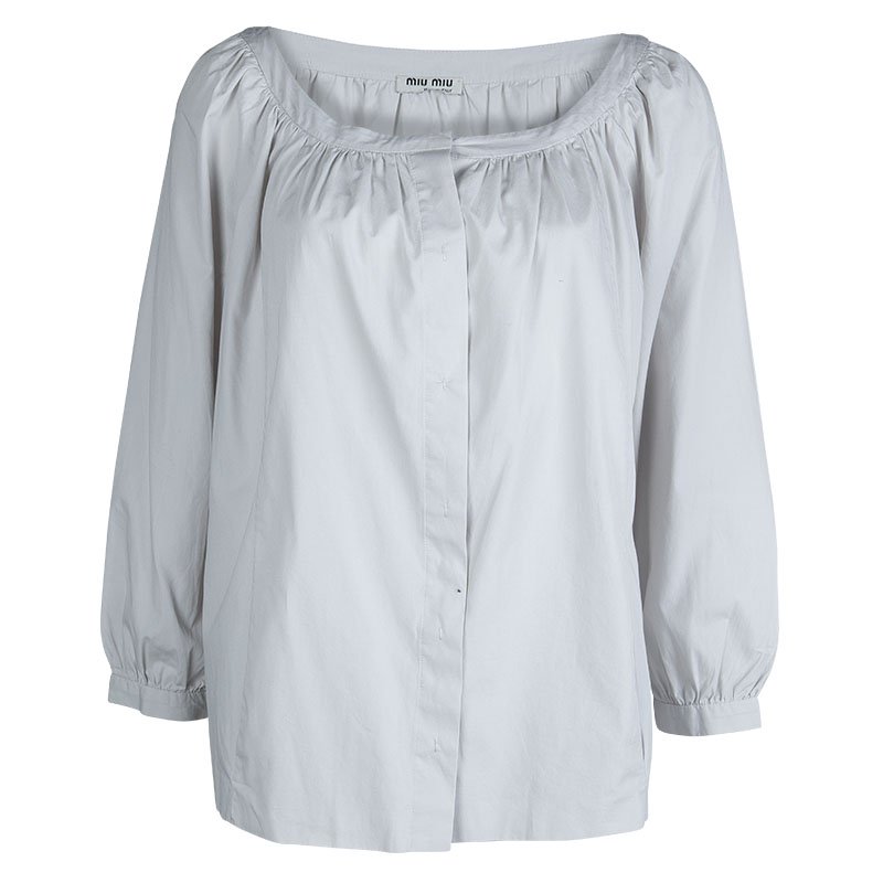 Miu Miu Grey Cotton Gathered Long Sleeve Blouse L