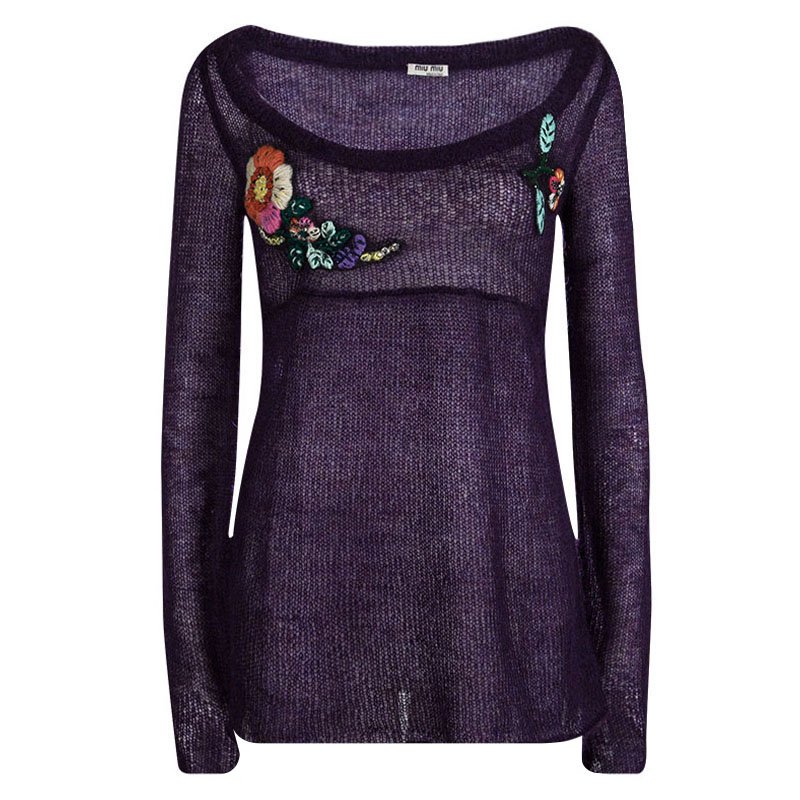 Miu Miu Purple Mohair Loose Knit Embroidered Sweater M