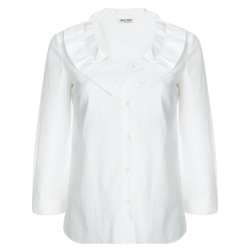 Pre Owned قميص ميو ميو قطن أبيض بياقة مكشكشة S