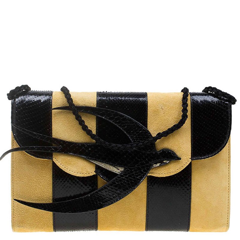 Pre Owned حقيبة ميو ميو بيرد جلد ثعبان أصفر/أسود وسويدي