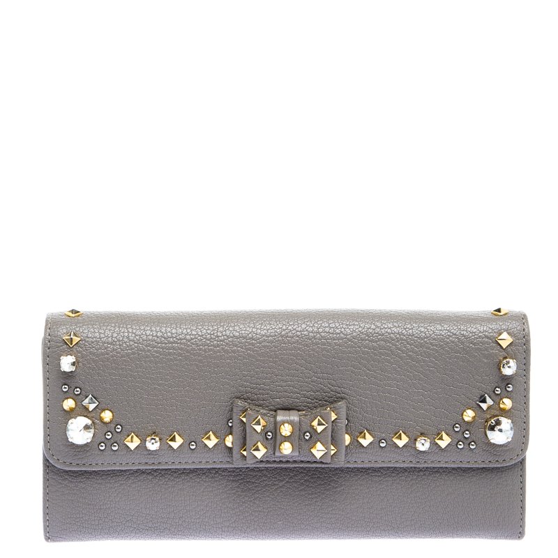 Miu Miu Grey Leather Bow Embellished Continental Wallet