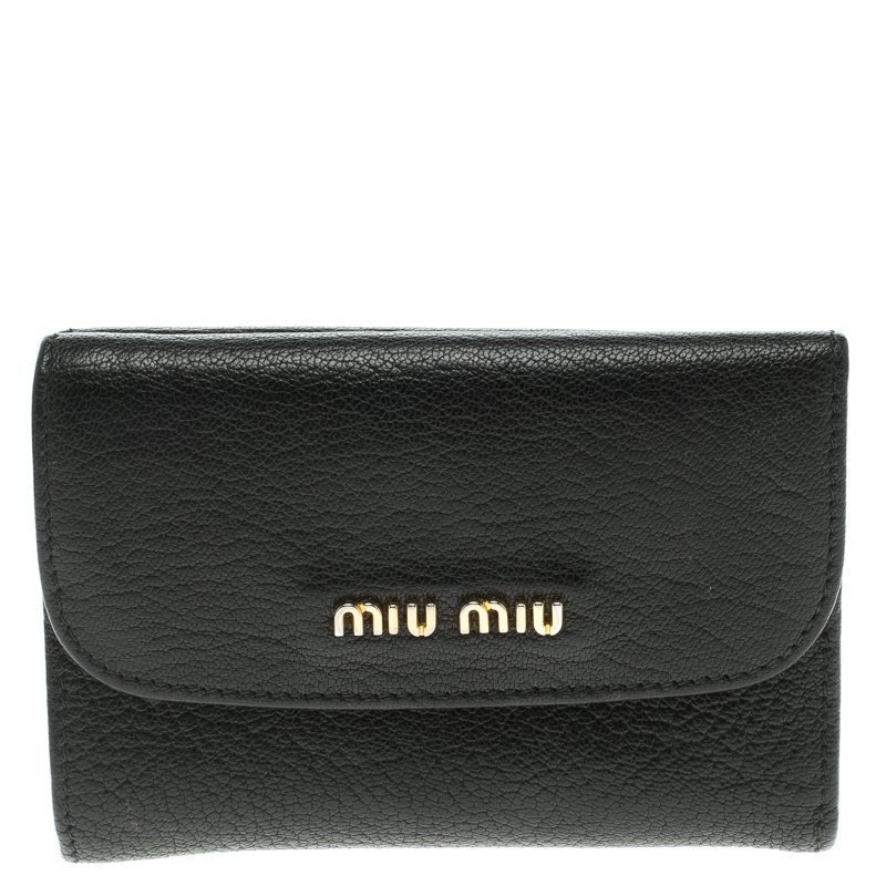 Miu Miu Black Leather Madras Compact Wallet