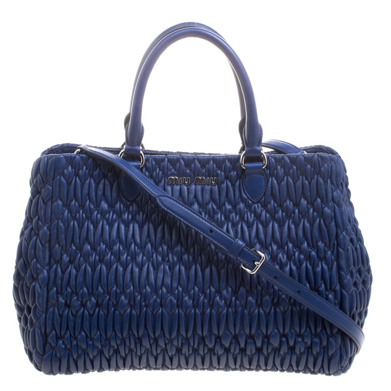 Pre Owned Miu Miu Blue Matelasse Leather Top Handle Bag