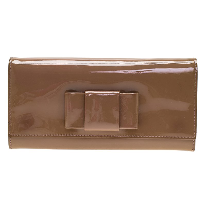 Pre Owned Miu Miu Brown Patent Bow Detail Flap Wallet