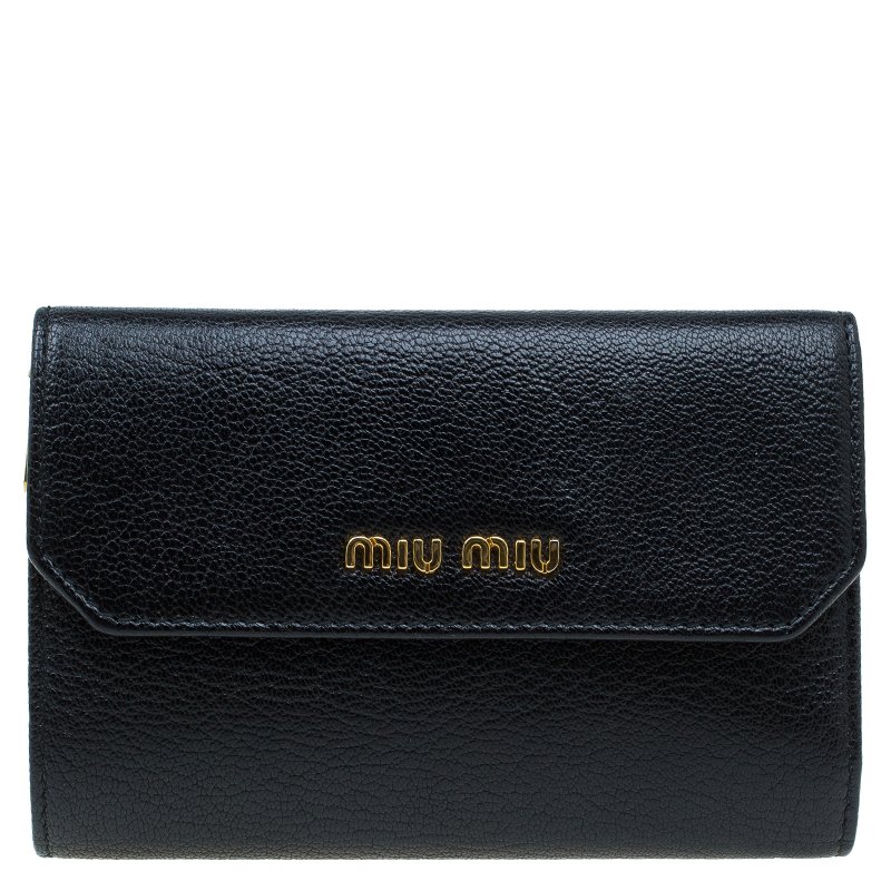 Pre Owned Miu Miu Black Leather Madras Compact Wallet