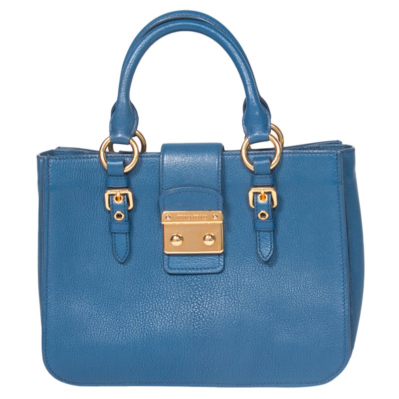 Miu Miu Blue Pebbled Leather Madras Tote Miu Miu | The Luxury Closet