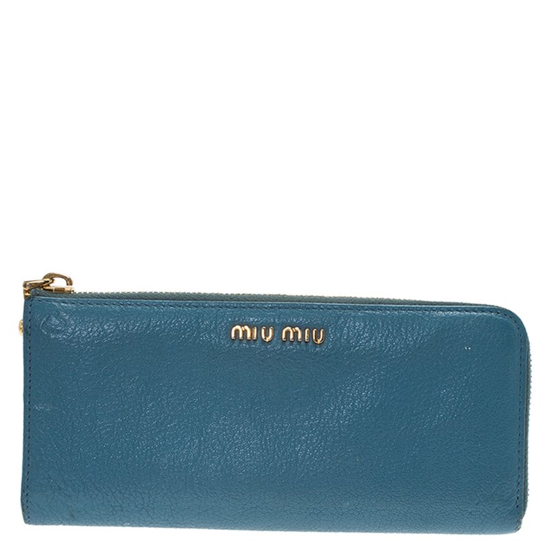 Miu Miu Light Blue Leather Zip Around Wallet