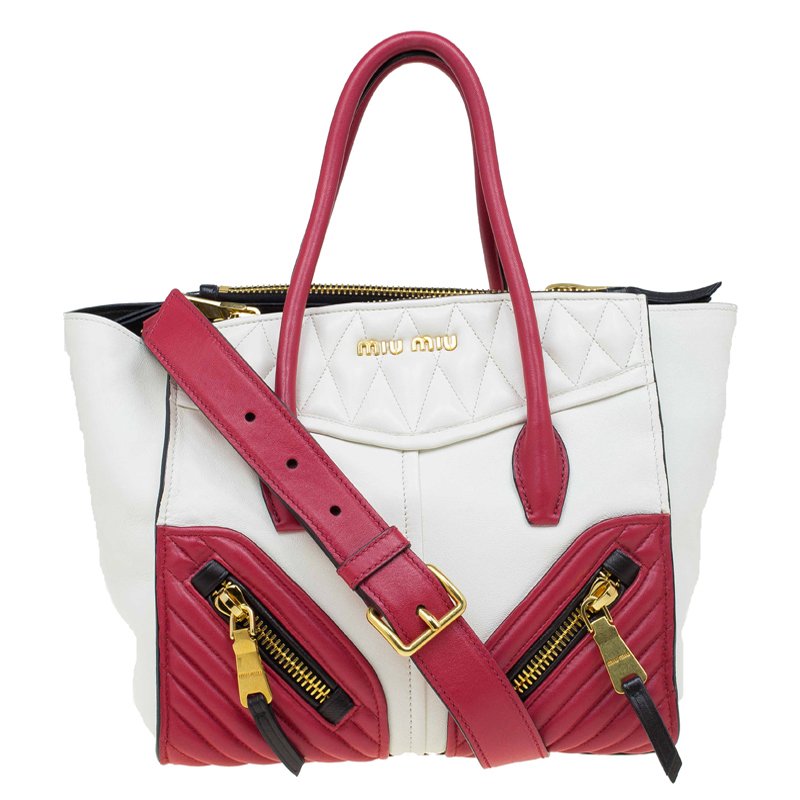 Pre Owned Miu Miu Off White/Red Matelasse Leather Biker Tote