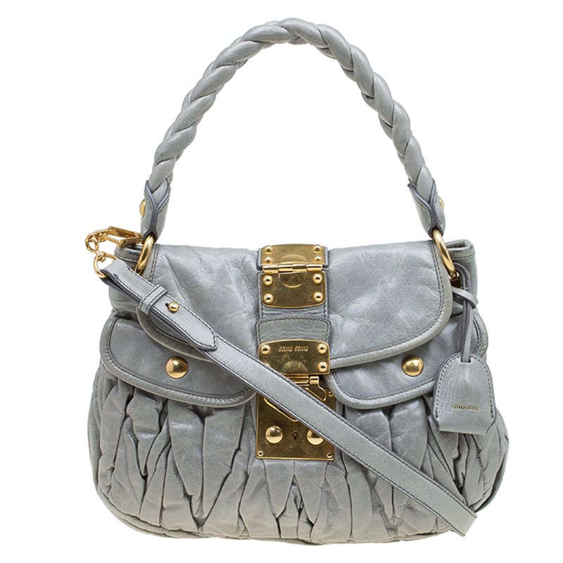Miu Miu Light Green Matelasse Lux Leather Small Coffer Hobo