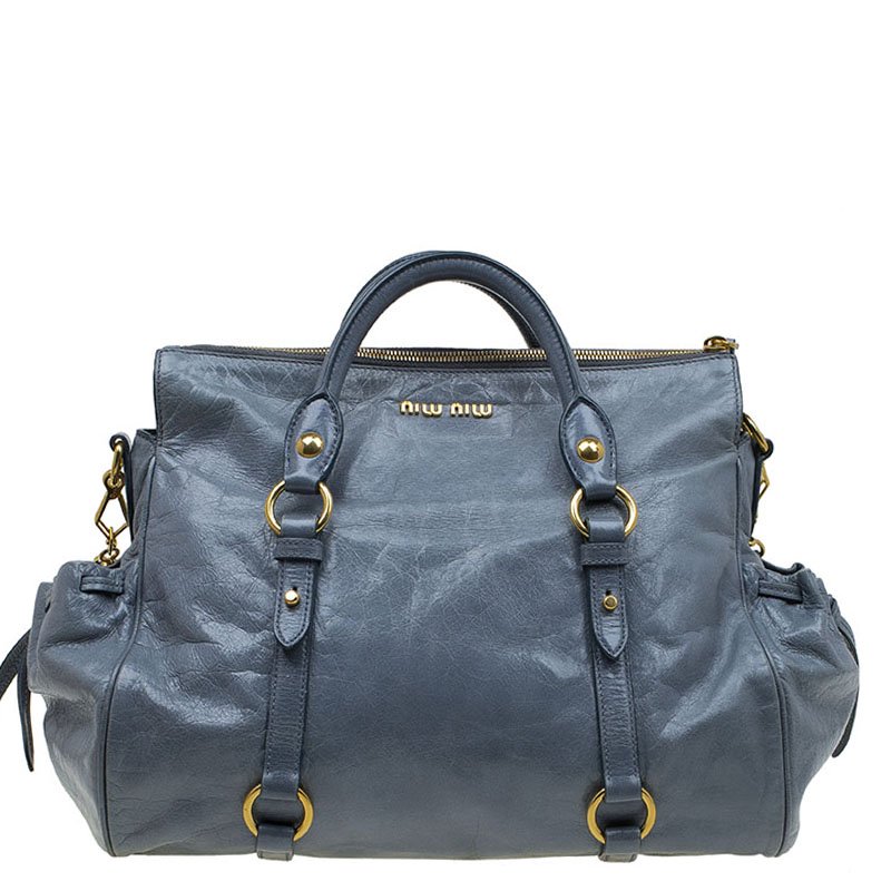 Pre Owned Miu Miu Blue Vitello Glazed Leather Bauletto Tote
