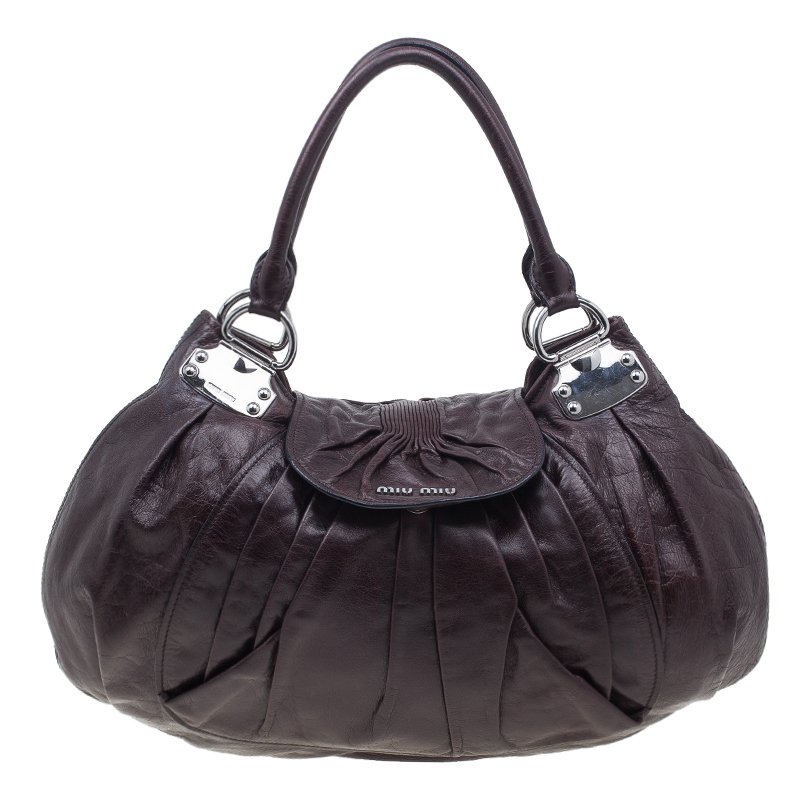Pre Owned Miu Miu Brown Pleated Flap Hobo