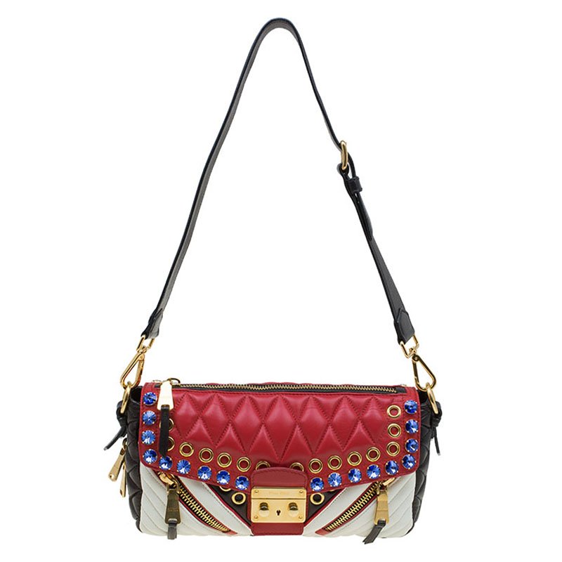 Miu Miu Multicolor Leather Jewel Embellished Biker Shoulder