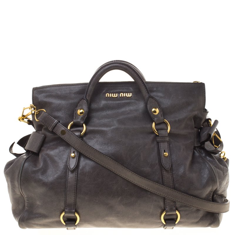 Pre Owned Miu Miu Grey Leather Bow Tote