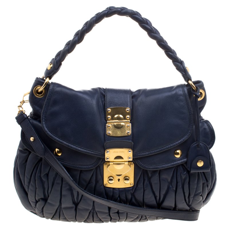 Pre Owned Miu Miu Navy Blue Matelasse Lux Leather Coffer Hobo