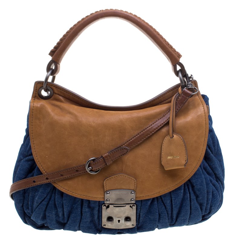 Pre Owned Miu Miu Blue/Brown Matelasse Denim and Leather Hobo
