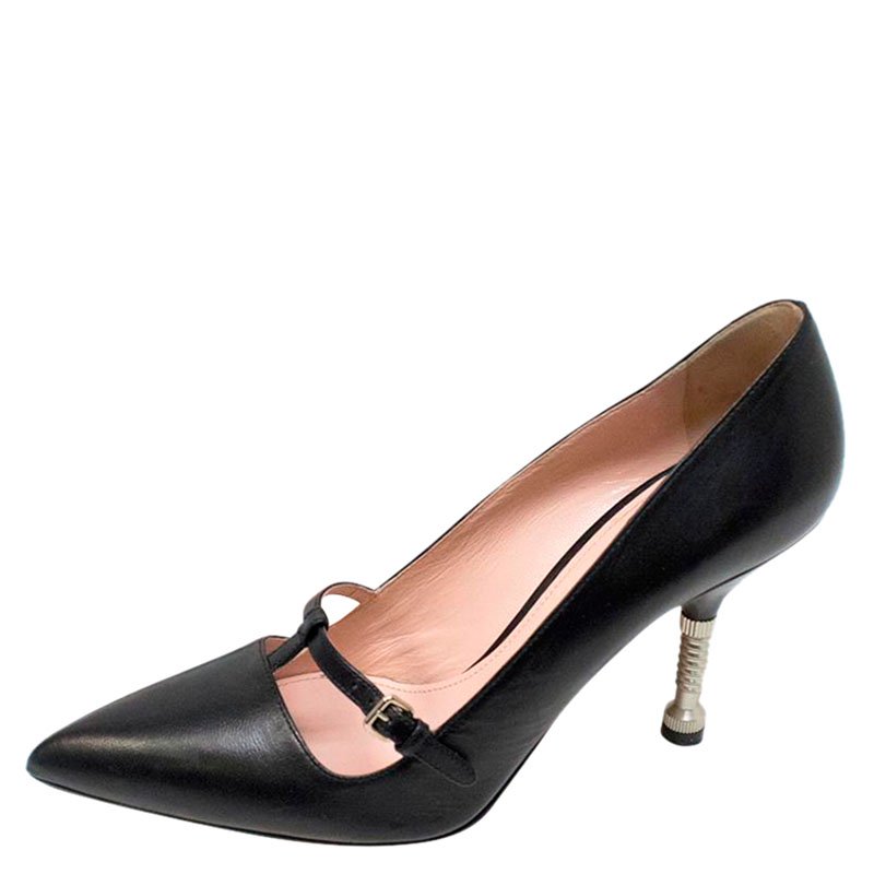 Pre Owned Miu Miu Black Leather T-Strap Pumps Size 39.5