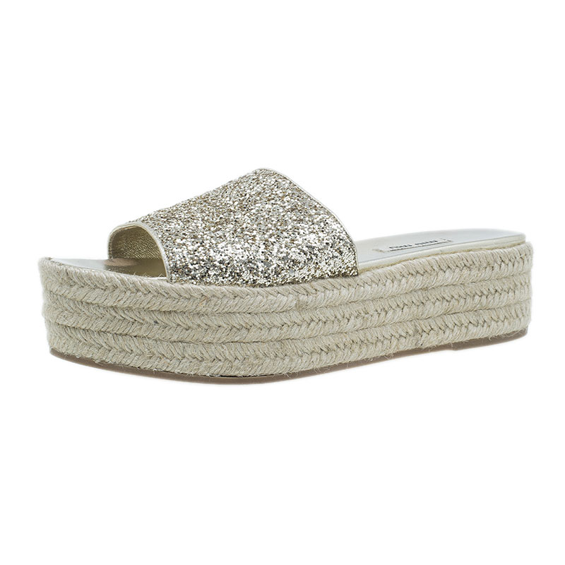 Pre Owned Miu Miu Gold Glitter Espadrille Slides Size 40