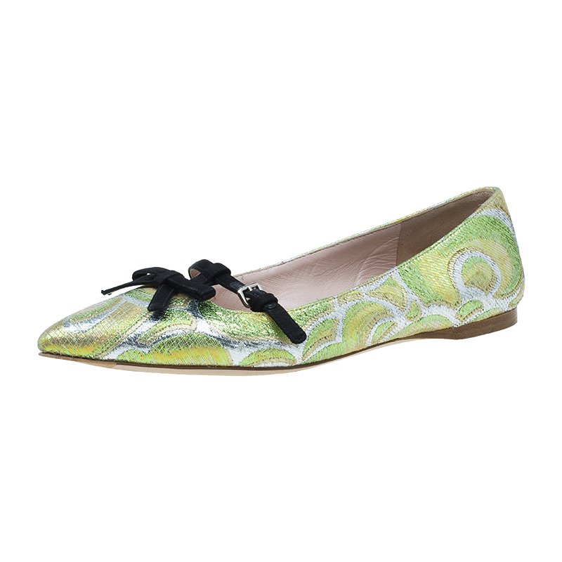 Miu Miu Green Lurex Giada Pointed Toe Ballet Flats Size 38