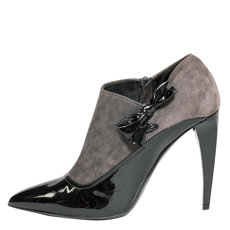 Pre Owned Miu Miu Black Patent Leather and Grey Suede Bow Ankle Boots Size 38