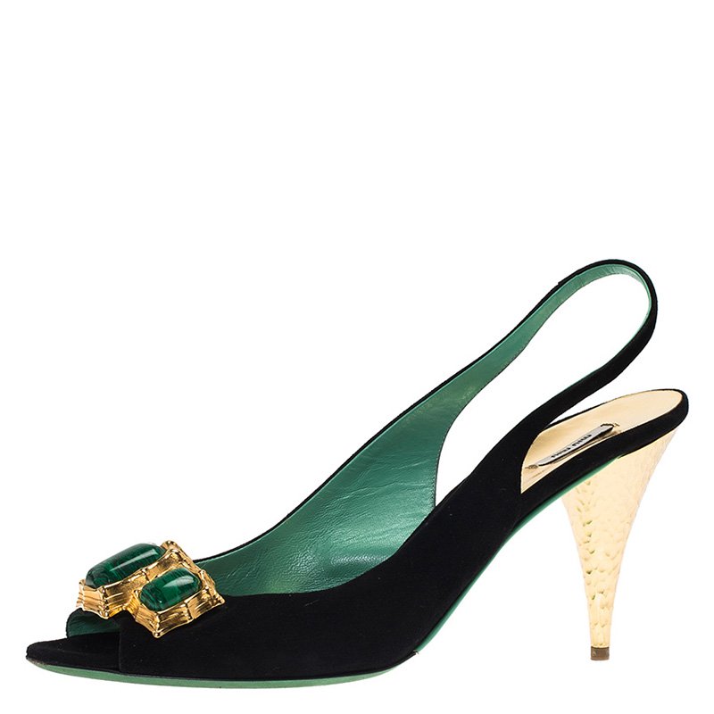 Pre Owned Miu Miu Black Suede Jeweled Slingback Sandals Size 39